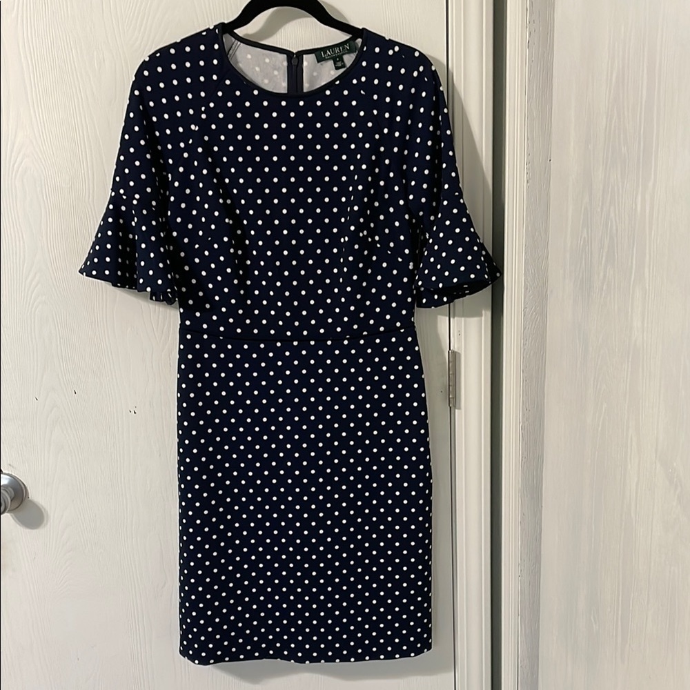Ralph Lauren Like New Navy & White Polka Dot Midi Sheath Flounce Dress 4 - Picture 1 of 8